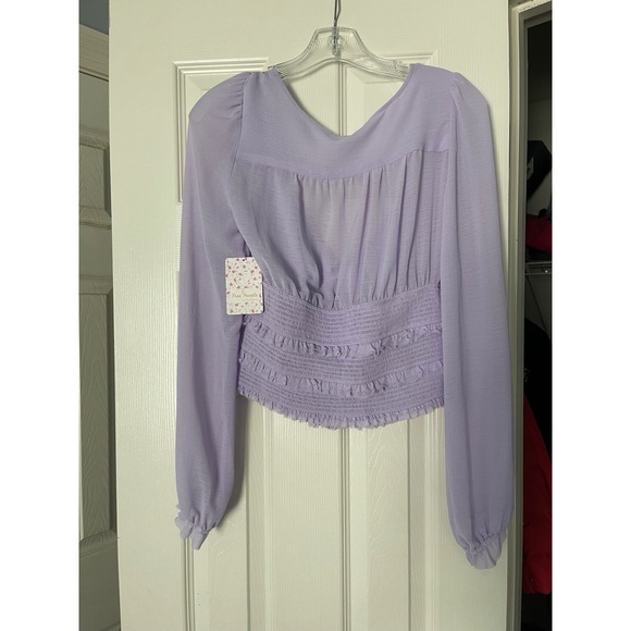 Free People Sm Purple Lolita Smocked Square Neck‎ Puff Sleeve Peasant Blouse Top - Picture 6 of 9